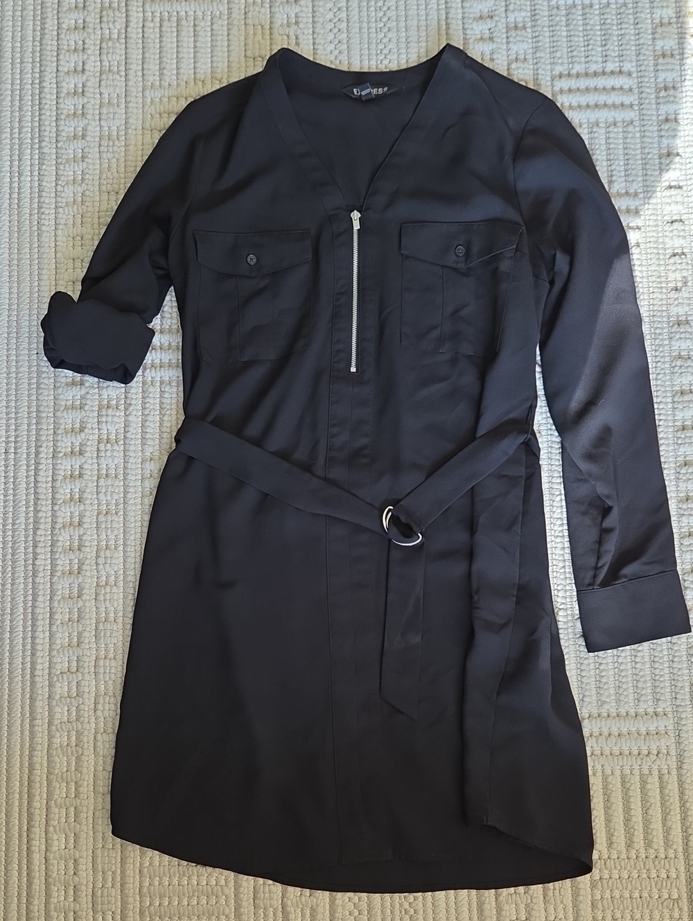 Express Black Dress With Cinch/Tie Waist And Convertible Sleeves
